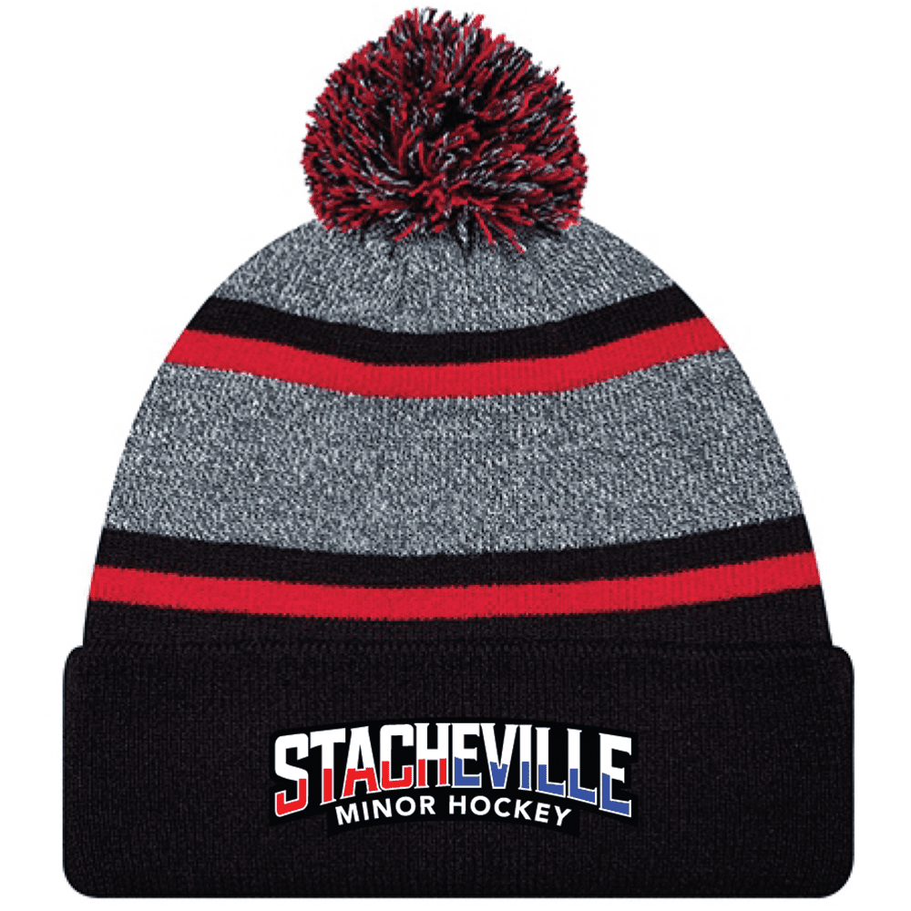 9M069M Acrylic Roll Pom Pom Toque - Black/Red/Charcoal