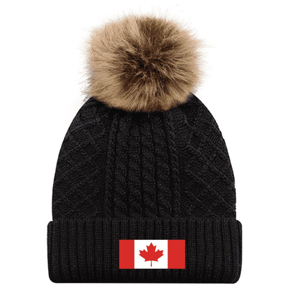 1E140L Acrylic/Polyester Satin Women's Pom Pom Toque - Black/Beige - Image 2